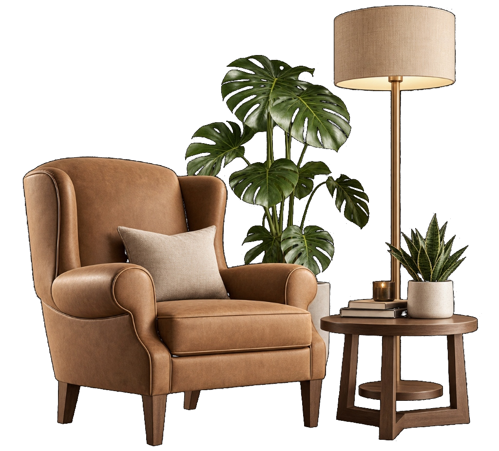 Fauteuil cuir cognac, plante et lampadaire Château d'art
